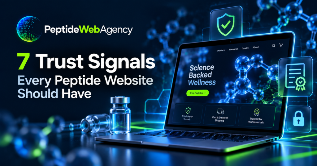 Peptide website trust signals including testing information, clear policies, product details and professional website design
